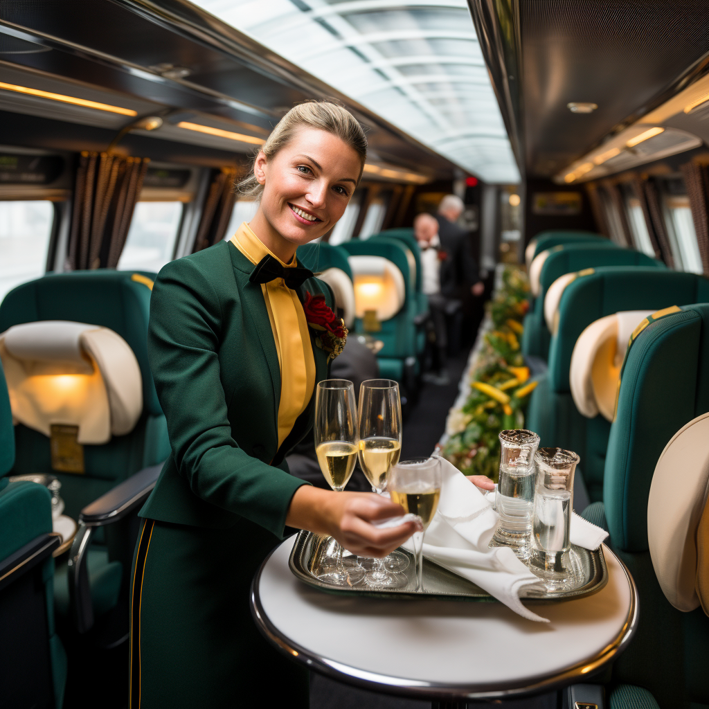 A waiter offers champagne in elegant train carriage.