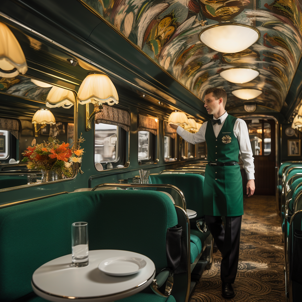 A waiter serving champagne in a fancy train.