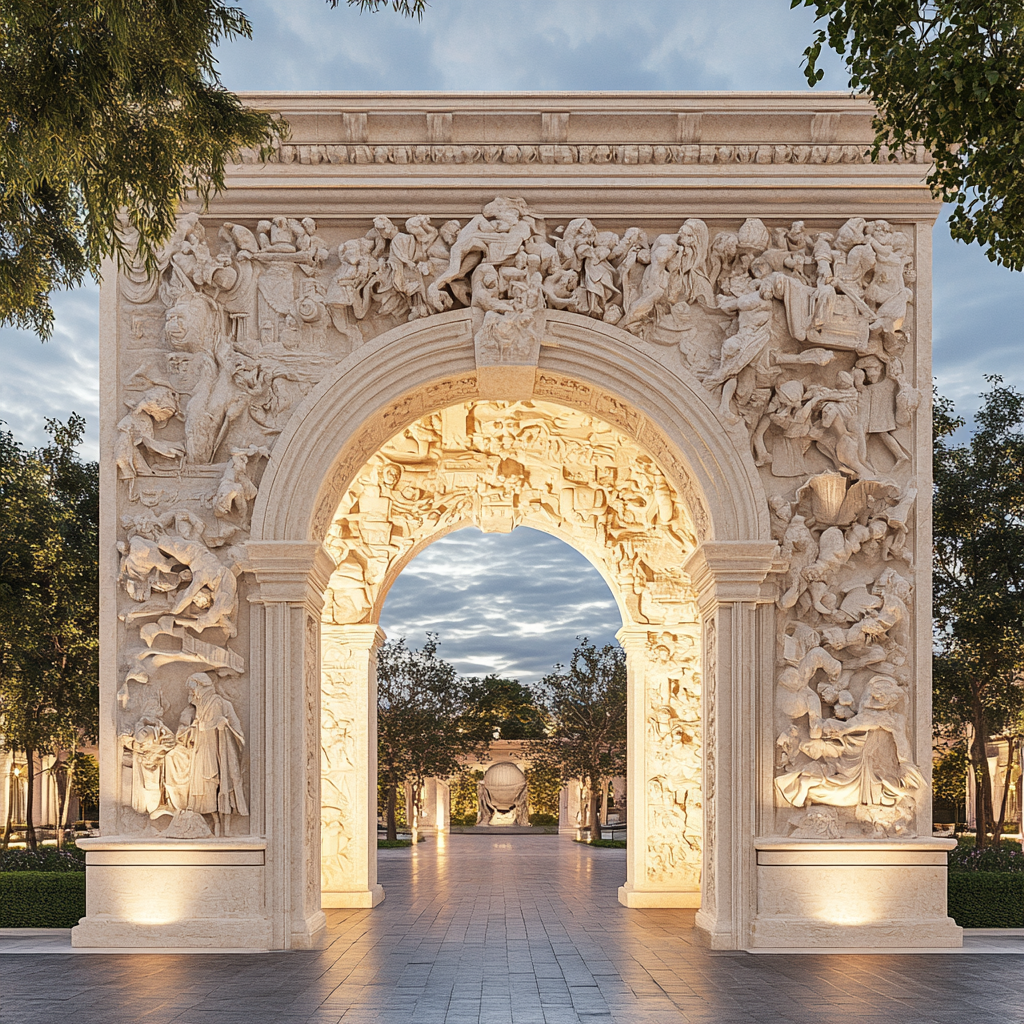 A walk-through sculpture symbolizing journey from modern to historical.