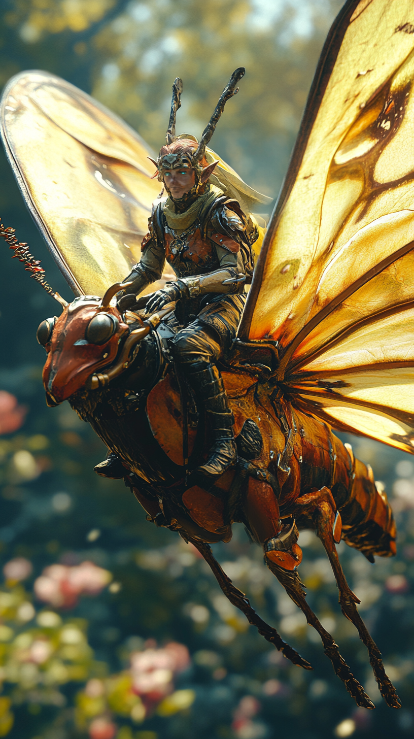 A warrior riding moth: detailed, realistic, vivid.