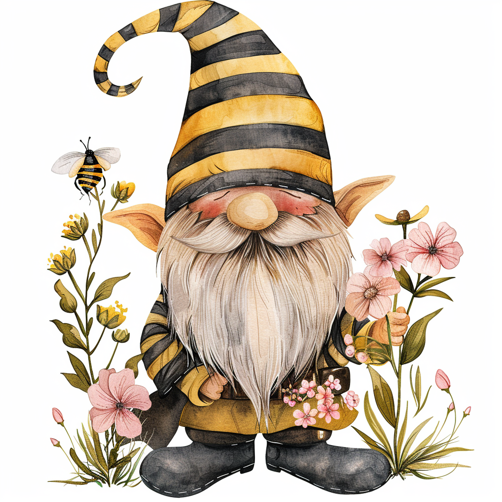 A watercolor gnome in bee-themed attire with flowers