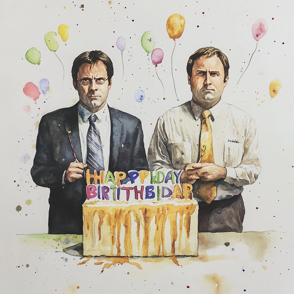 A watercolor painting of two Office characters on a birthday cake.