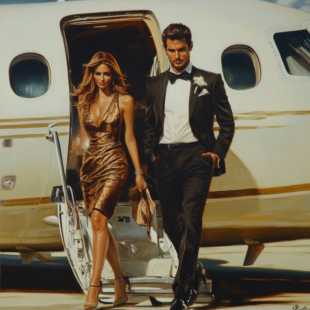 A wealthy couple leaving a private jet glamorously