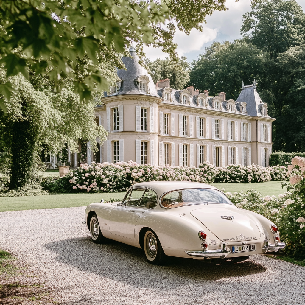 A wedding ceremony at a luxurious castle garden.