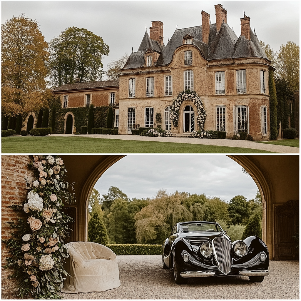 A wedding ceremony at luxurious castle garden.