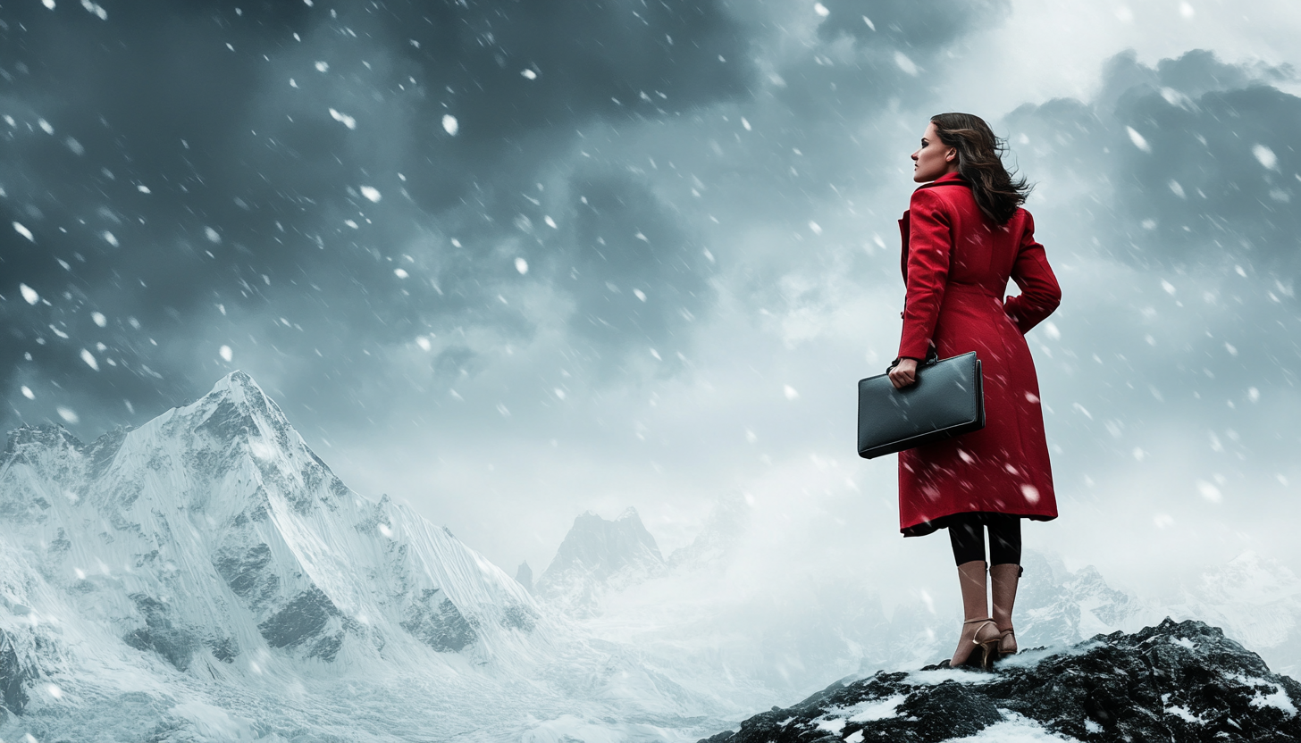 A well dressed female lawyer on snowy Mount Everest