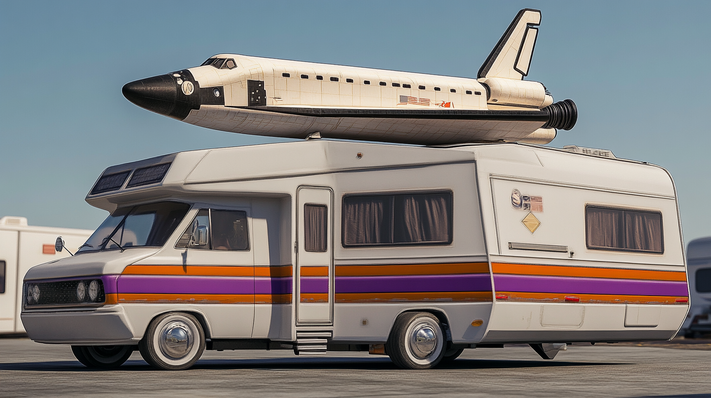 A white RV with purple stripe and rocket.