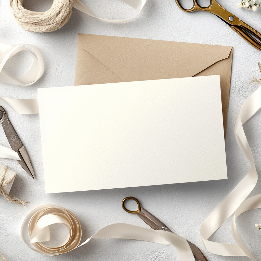 A white card with ribbon and office items.