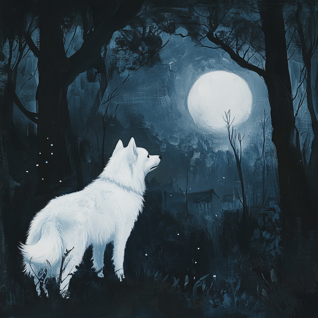 A white dog named Nova watches dark forest.