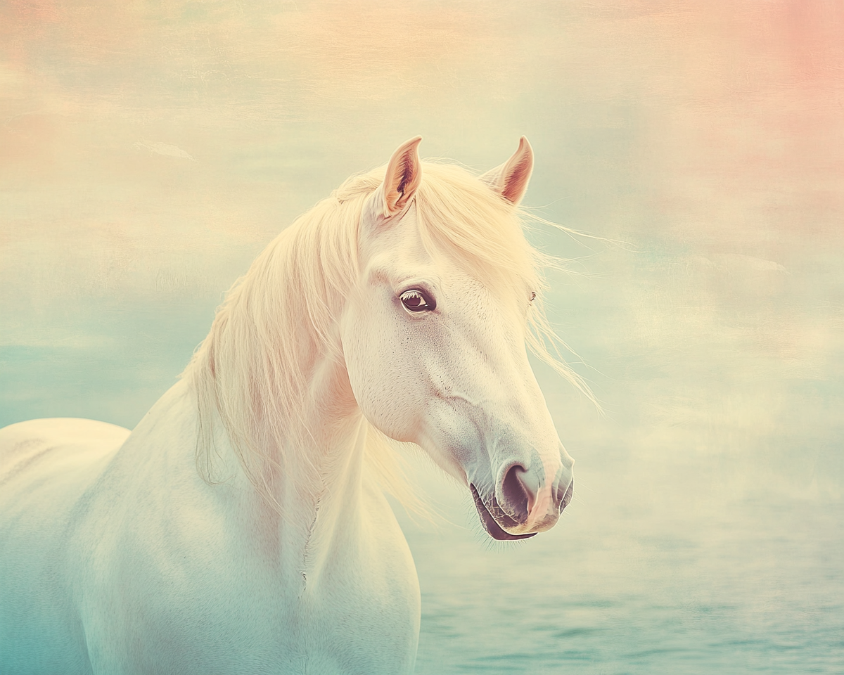 A white horse gazes at the sea horizon.