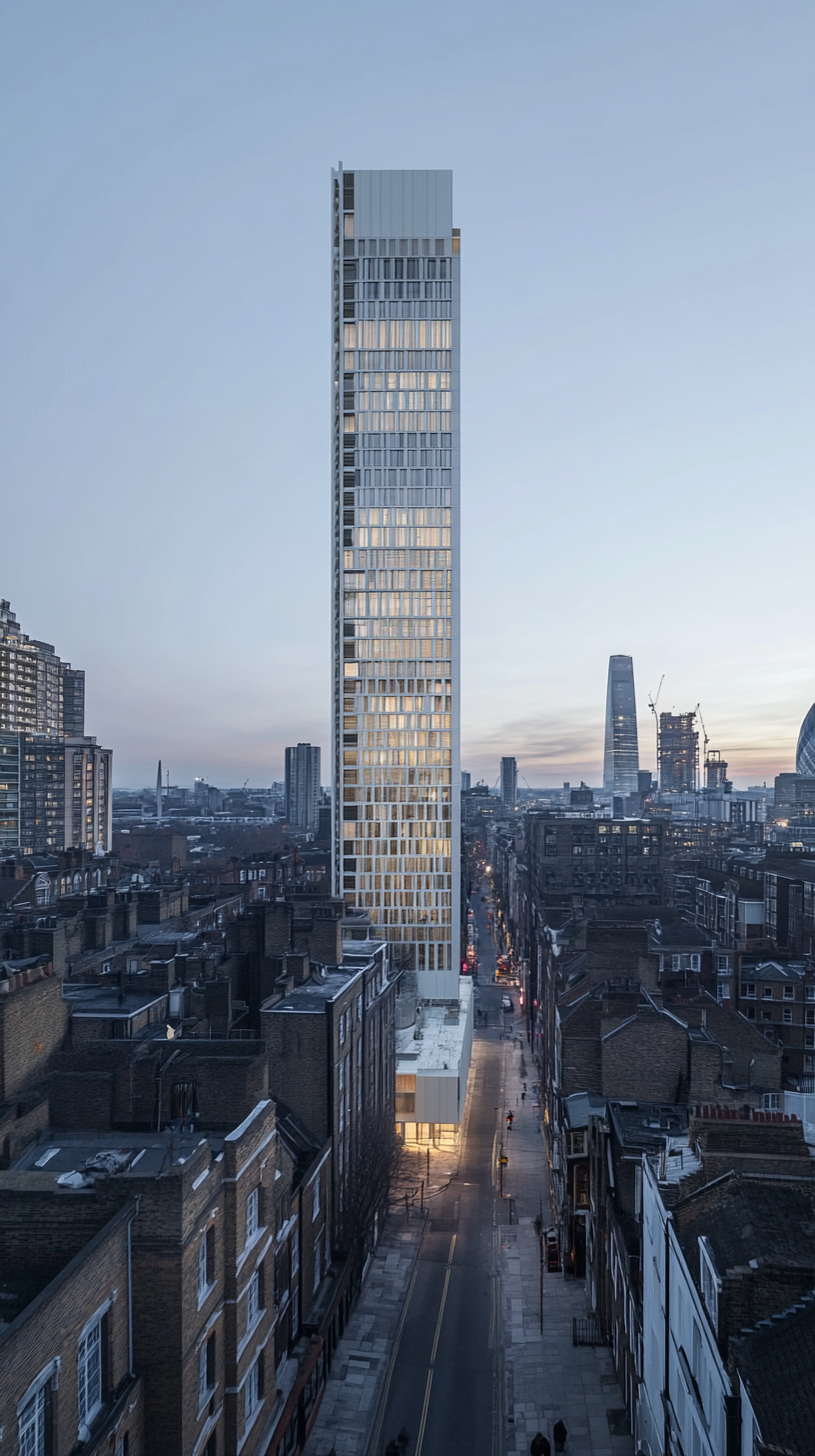 A white metal tower in a city at dawn