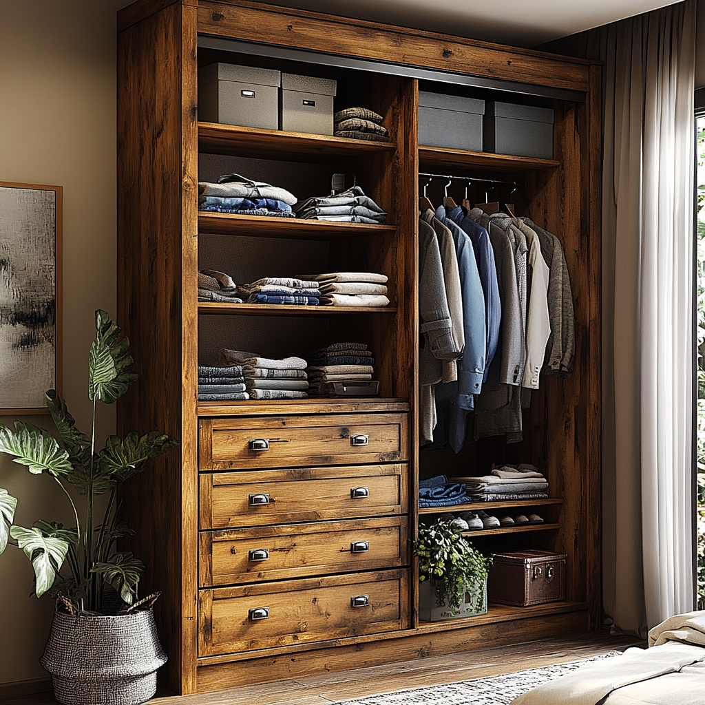 A wide, tall closet with drawers and shelves.