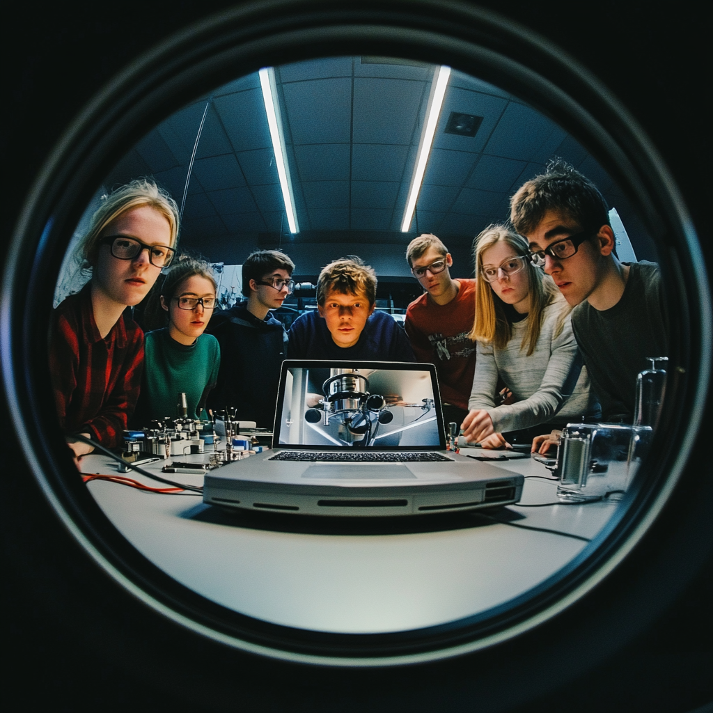 A wide lens photo of students in lab with laptop.