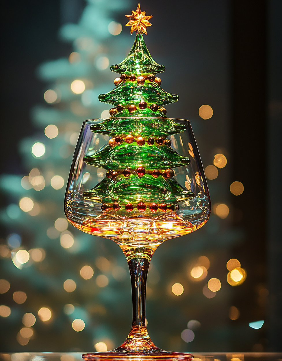 A wine glass with Christmas tree stem, festive background