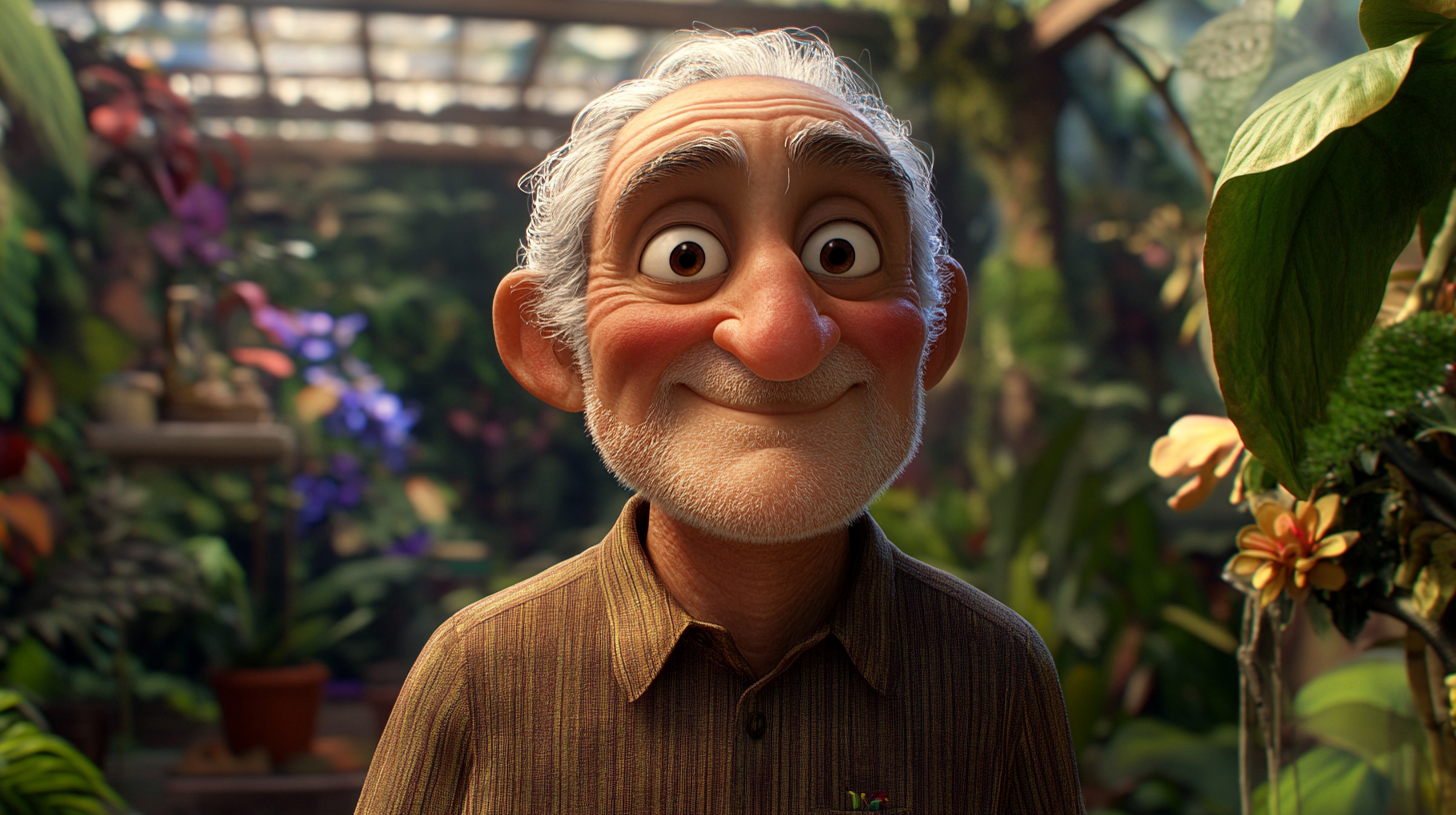 A wise grandpa in animated scene with chaotic jungle.