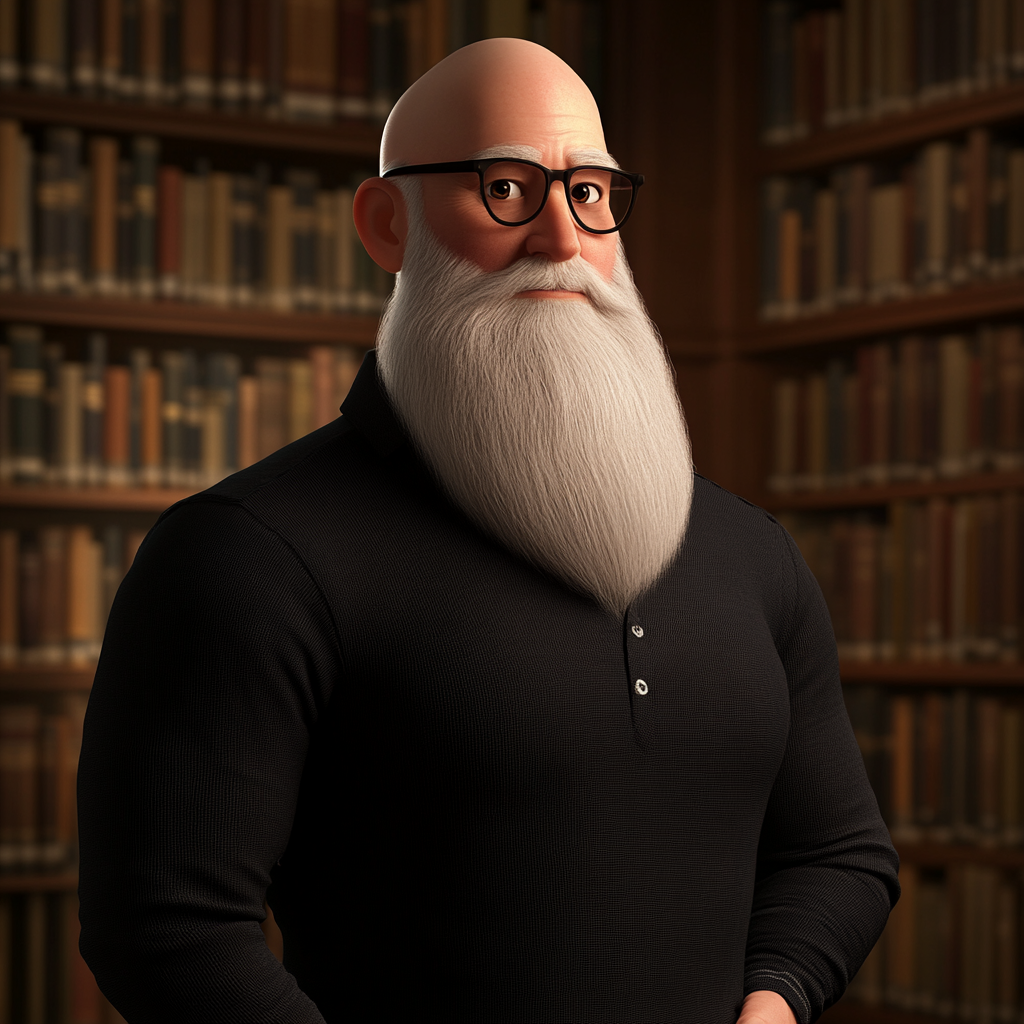 A wise man in a library portrait.