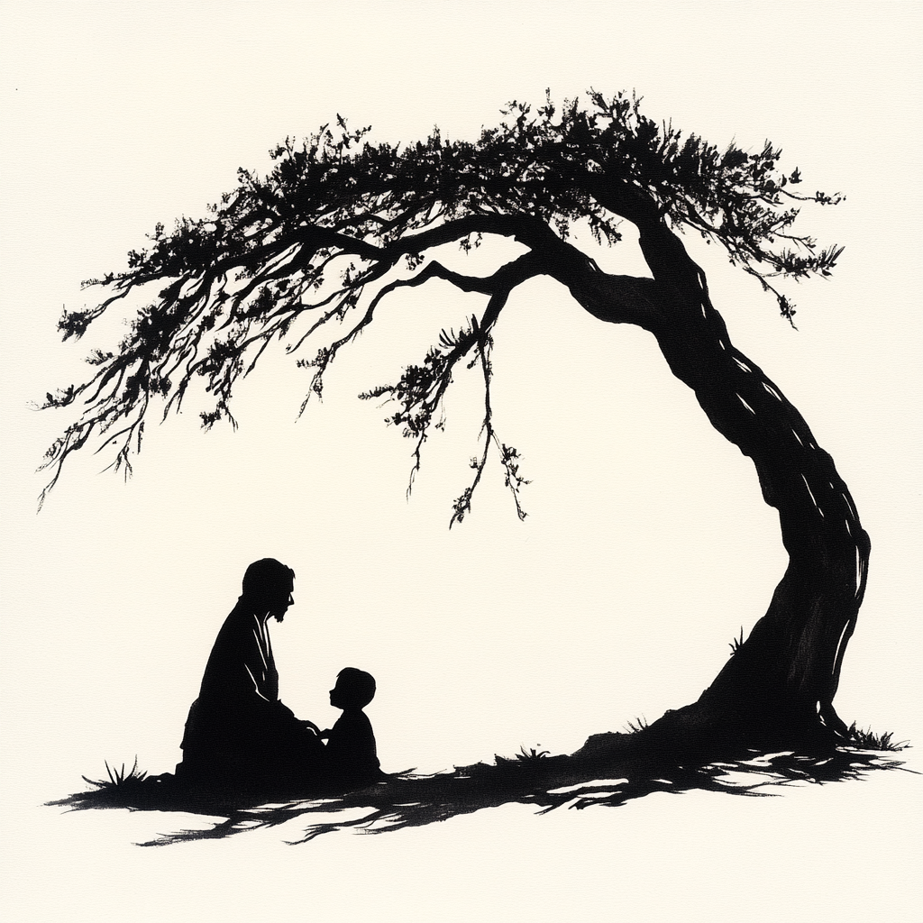 A wise sage and child under old tree