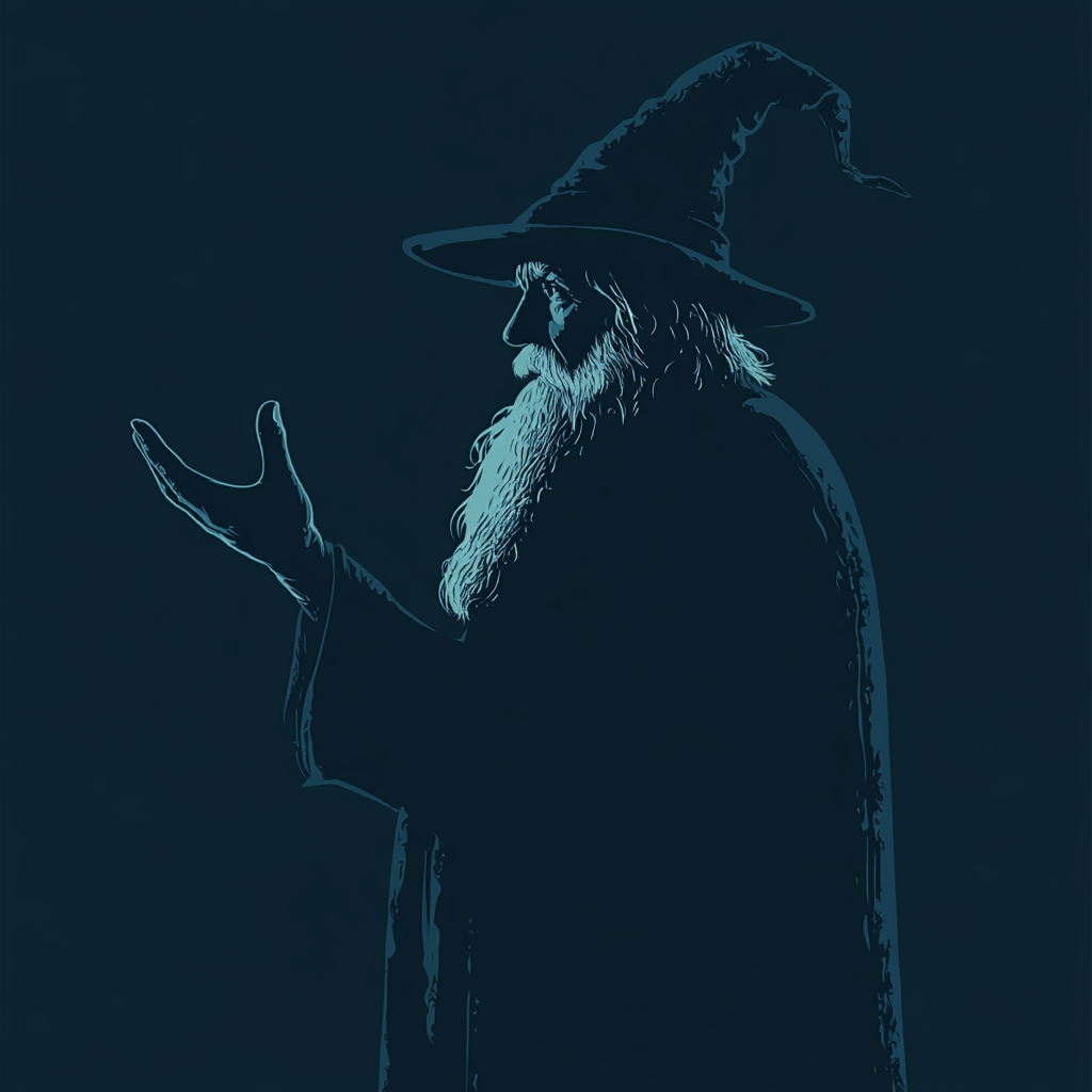 A silhouette of a wise wizard