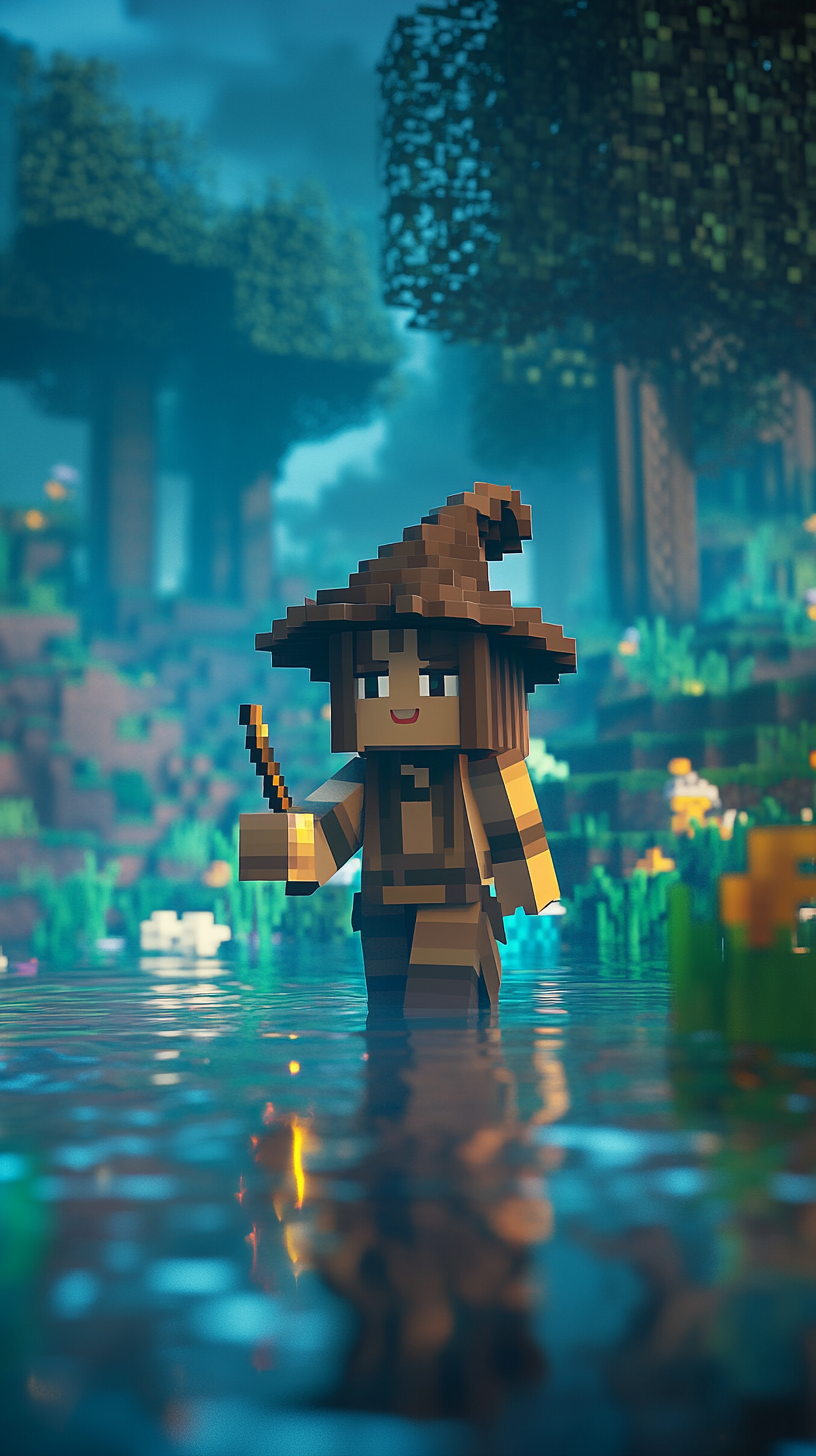 A witch Alex in Minecraft swamp with potion.