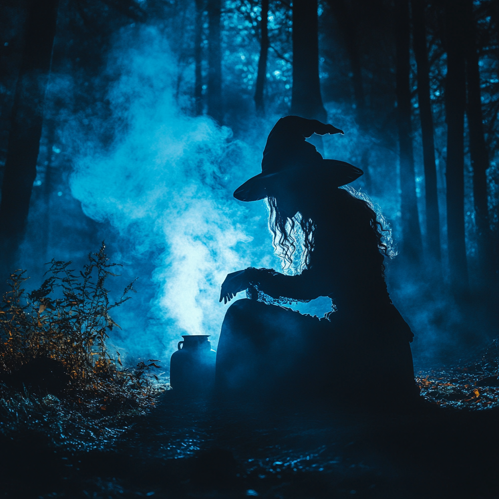 A witch brewing potion in dark forest with mist.