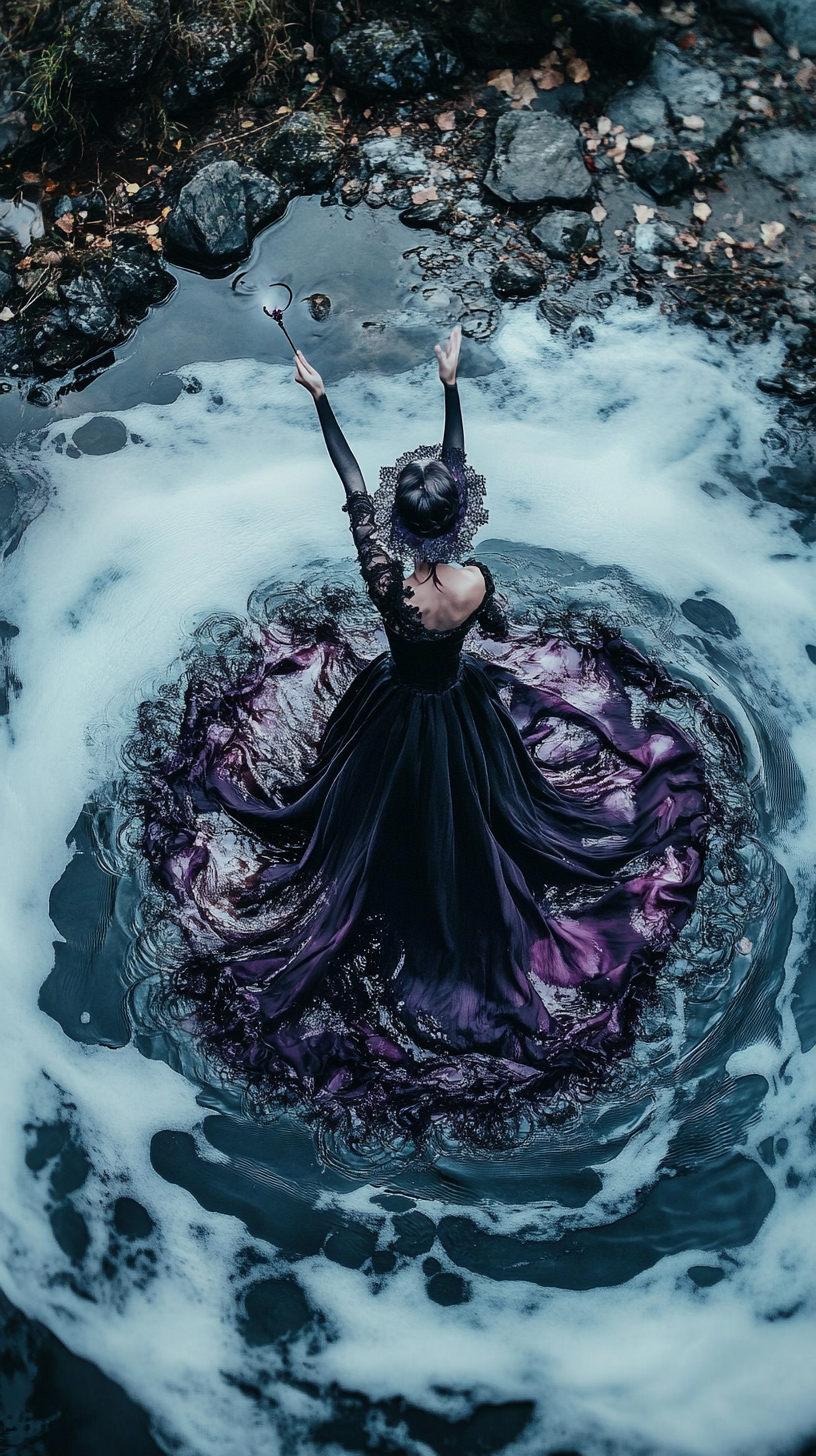 A witch rising from purple and white lake.