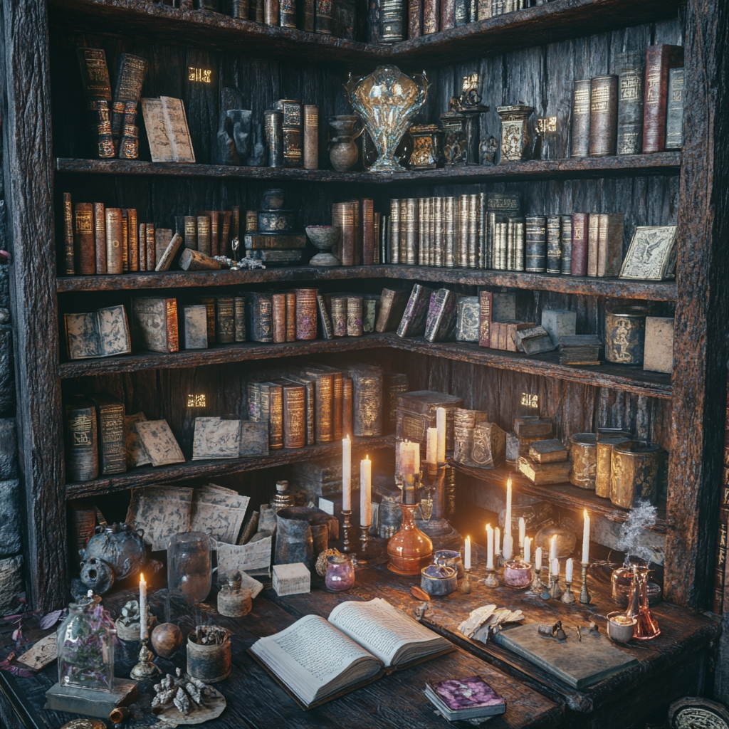 A wizard creating a spell in a magical room.