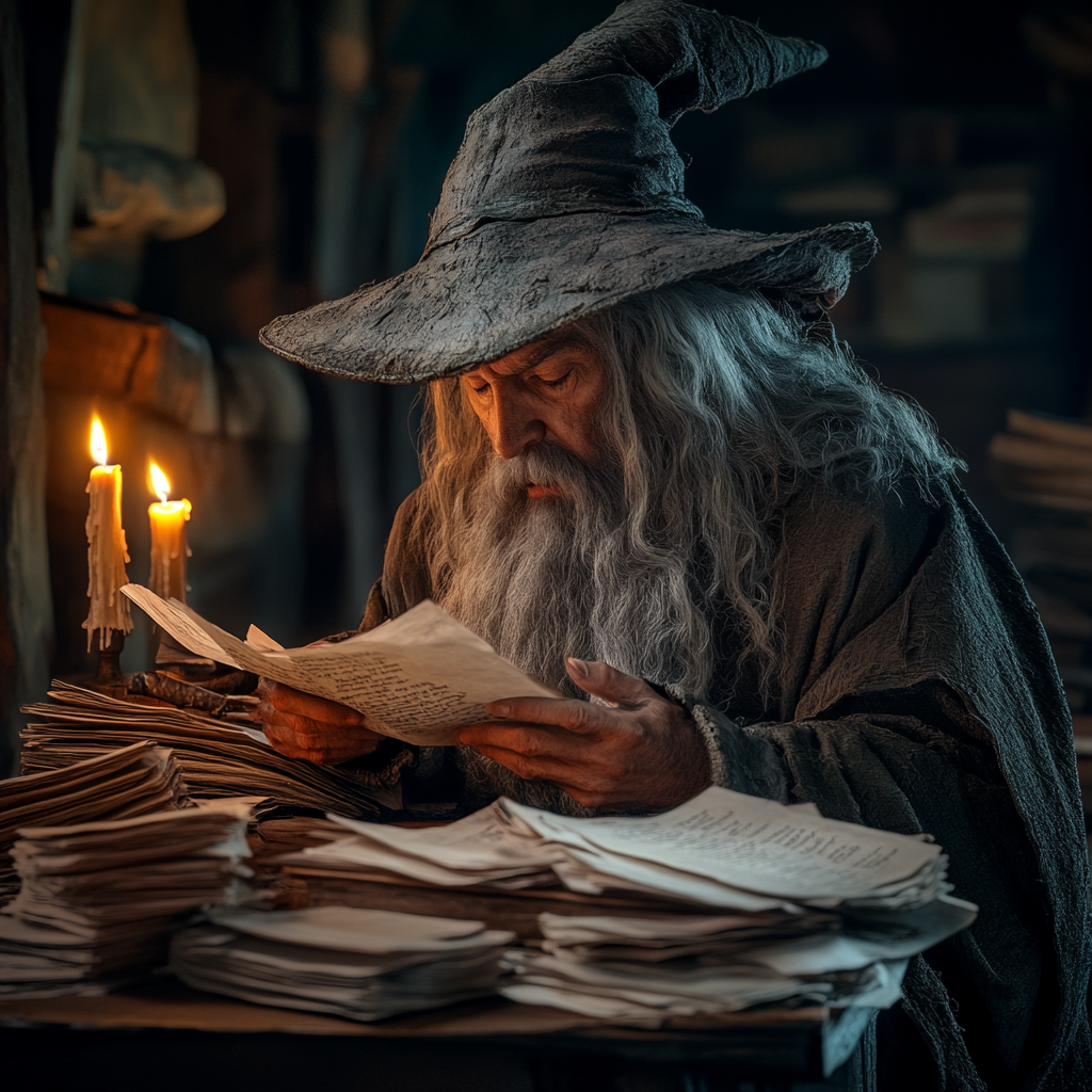 A wizard looking stressed in dusty room