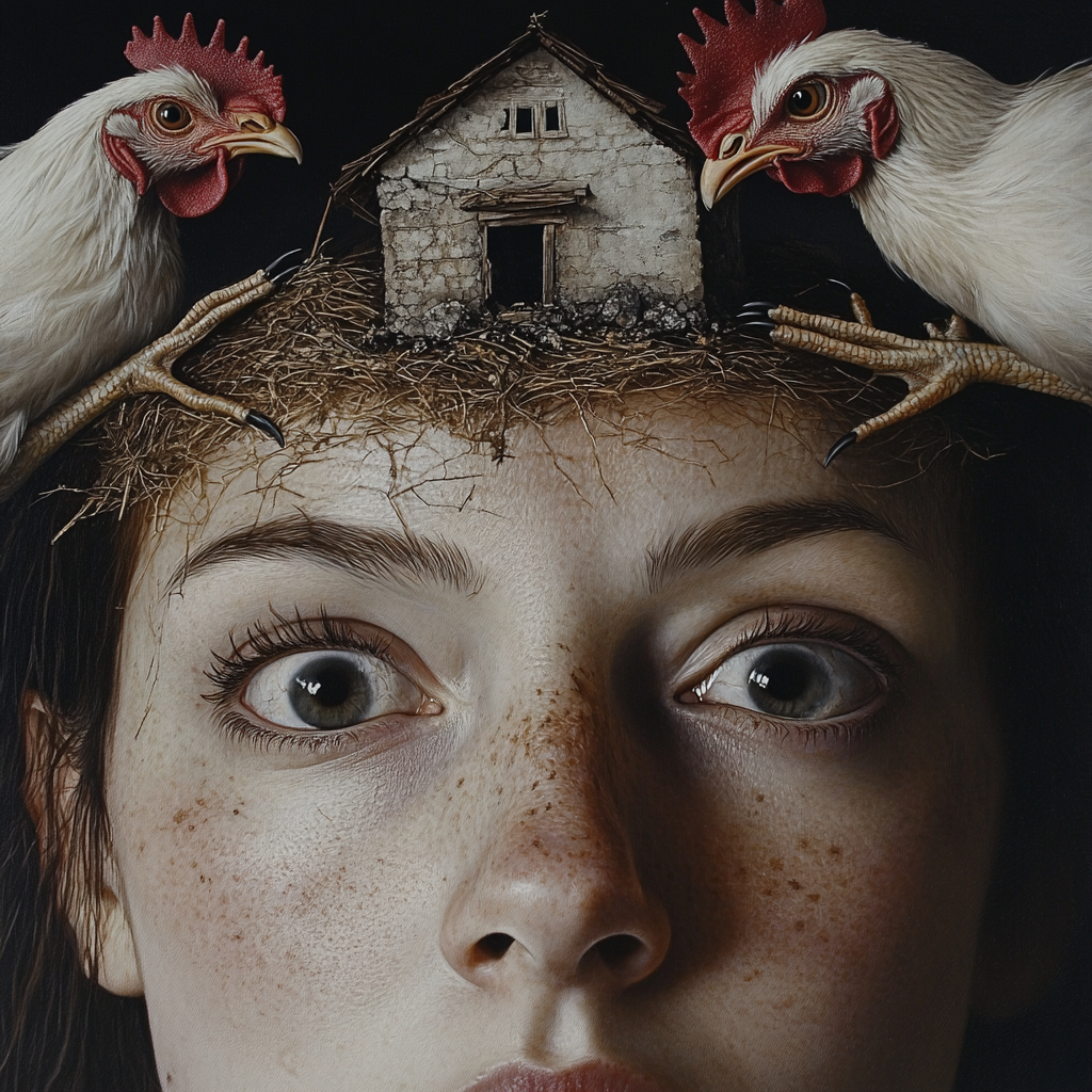 A woman's face with chicken feet house above.