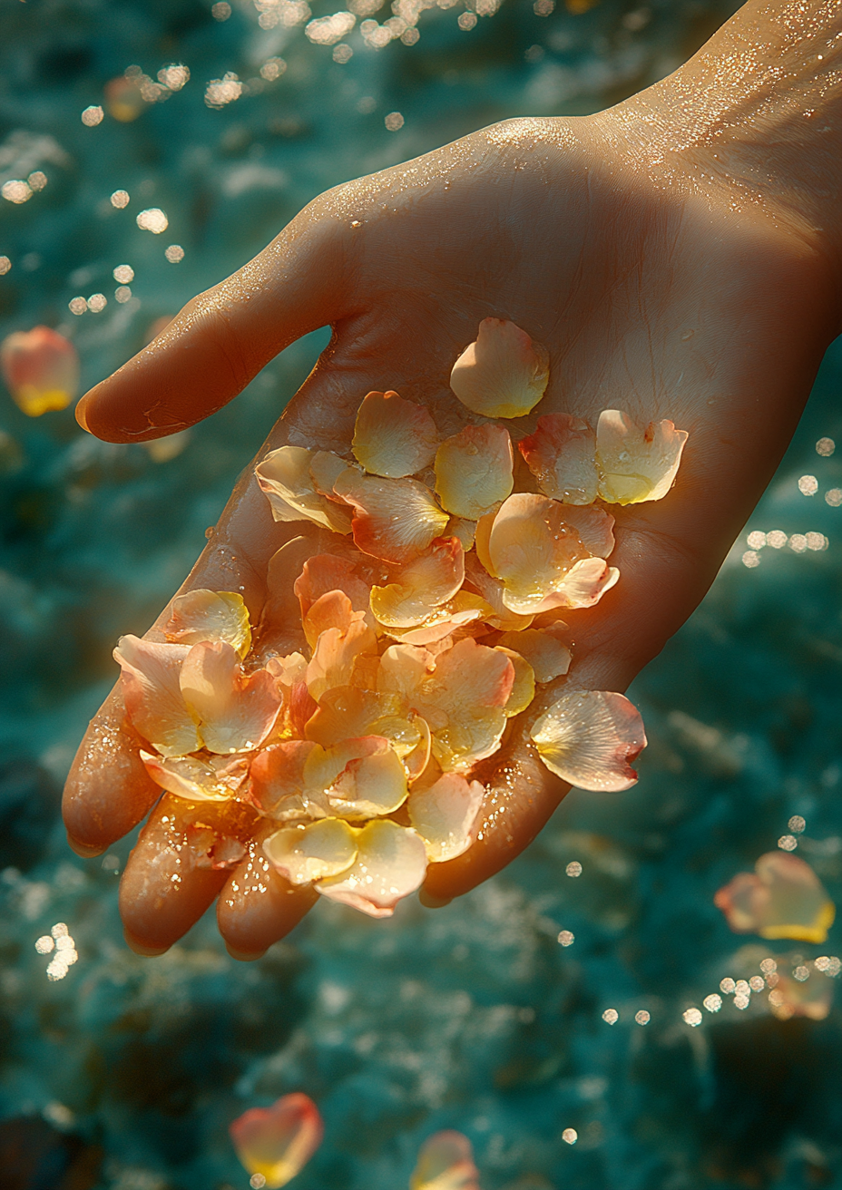 A woman's hand throws rose petals to man.