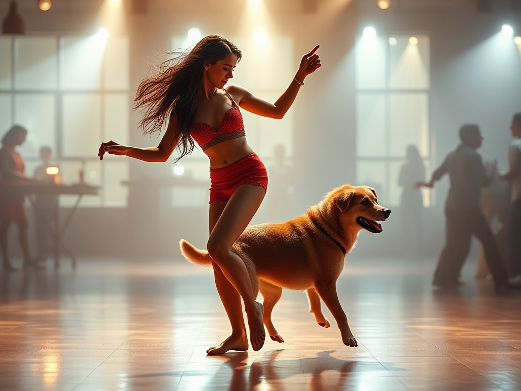 A woman and a dog dancing together gracefully.