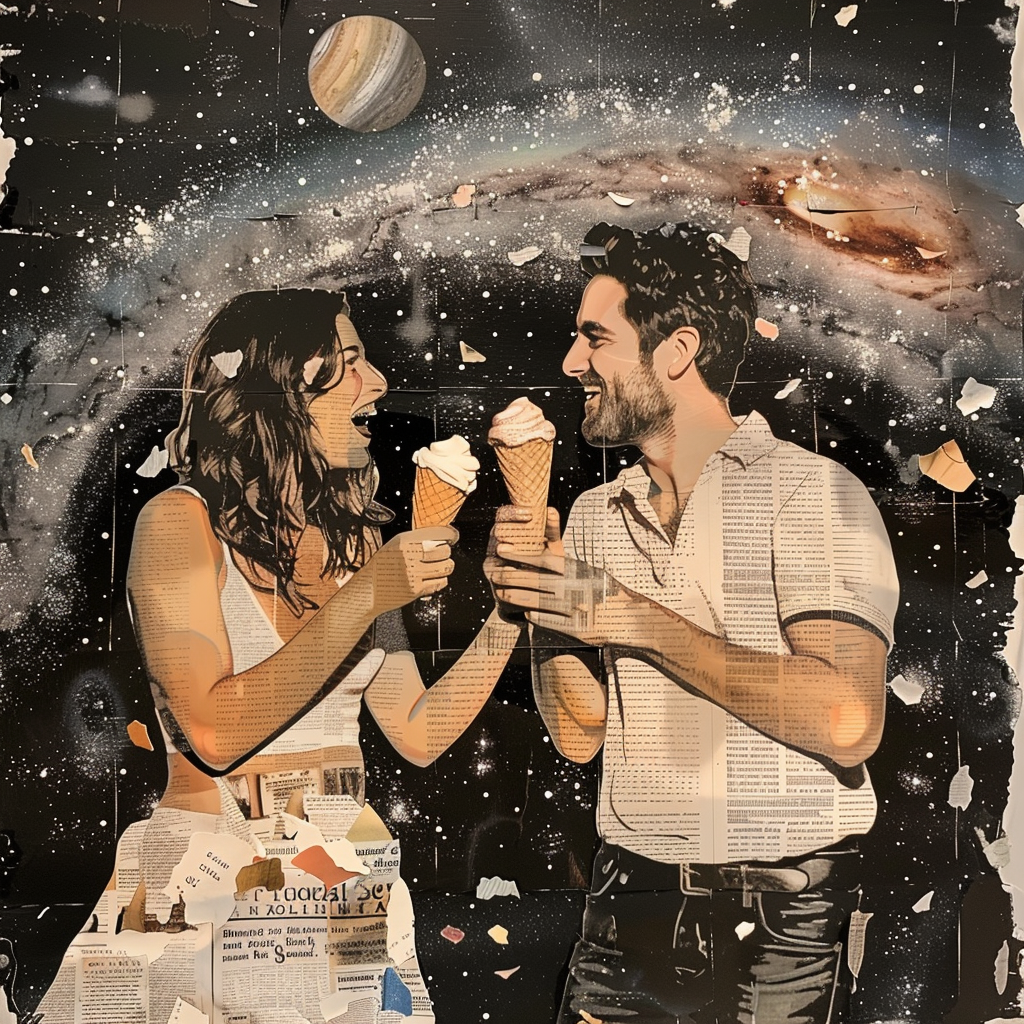 A woman and man share ice cream under stars.