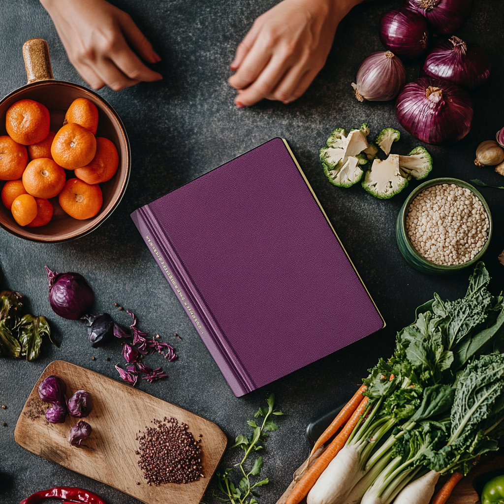 A woman cooking healthy food with a book nearby.