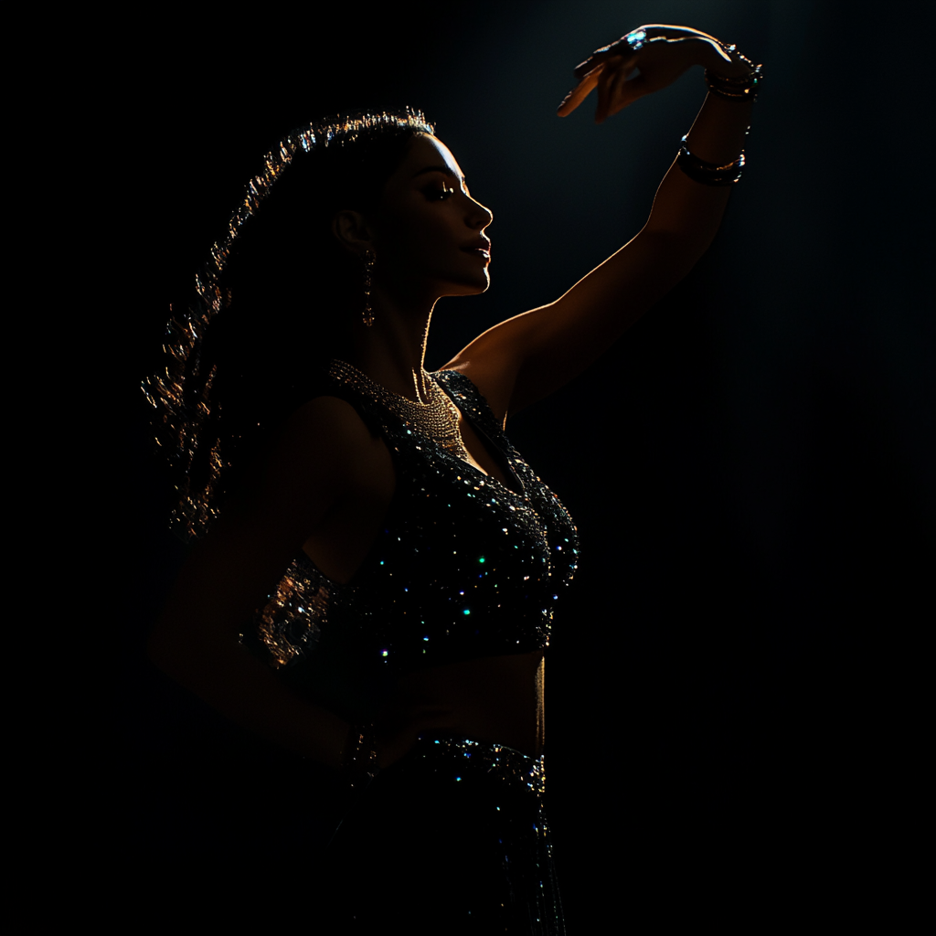 A woman dances in a jewelry-filled courtyard.