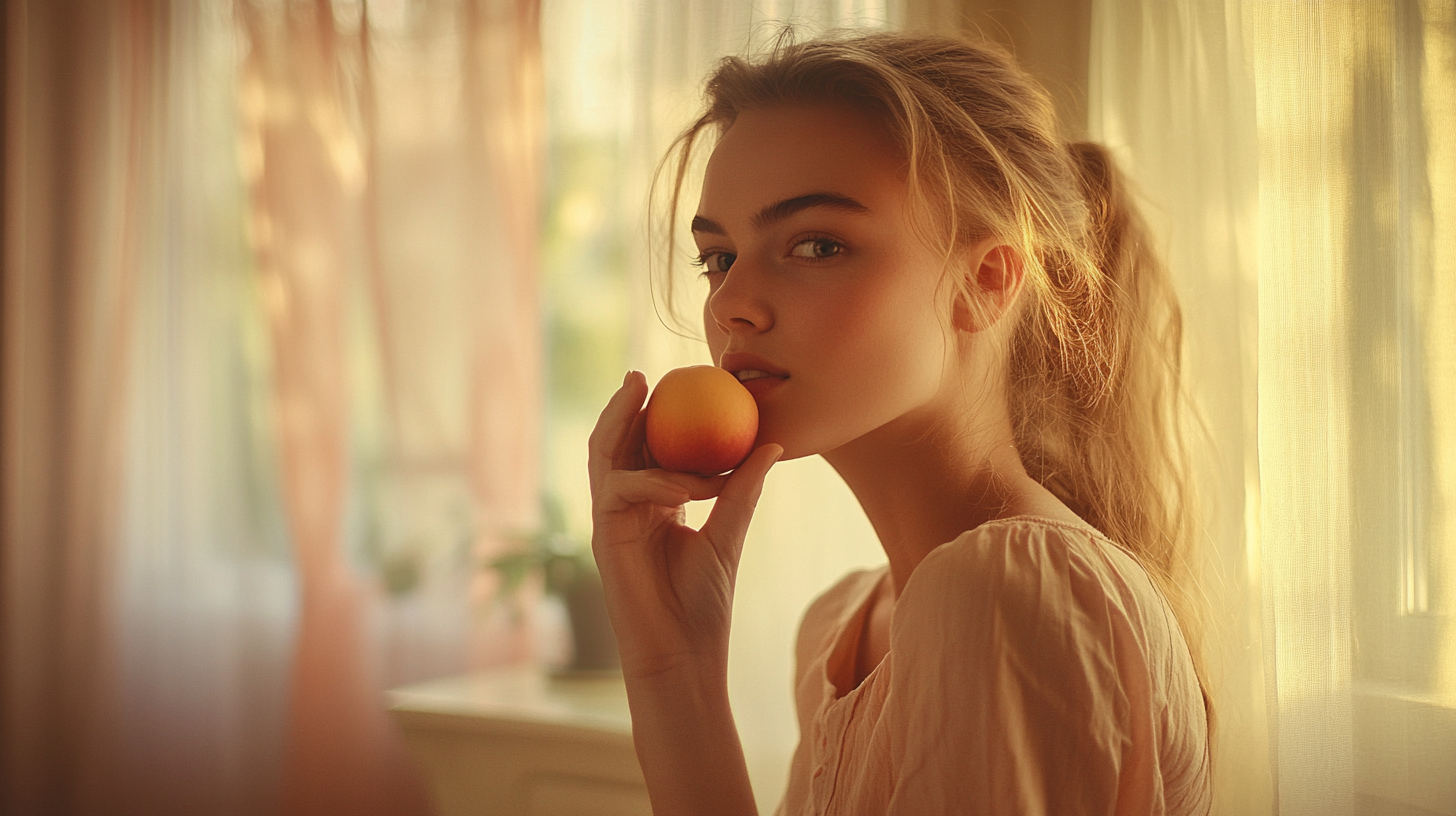 A woman eating a peach with ominous house view