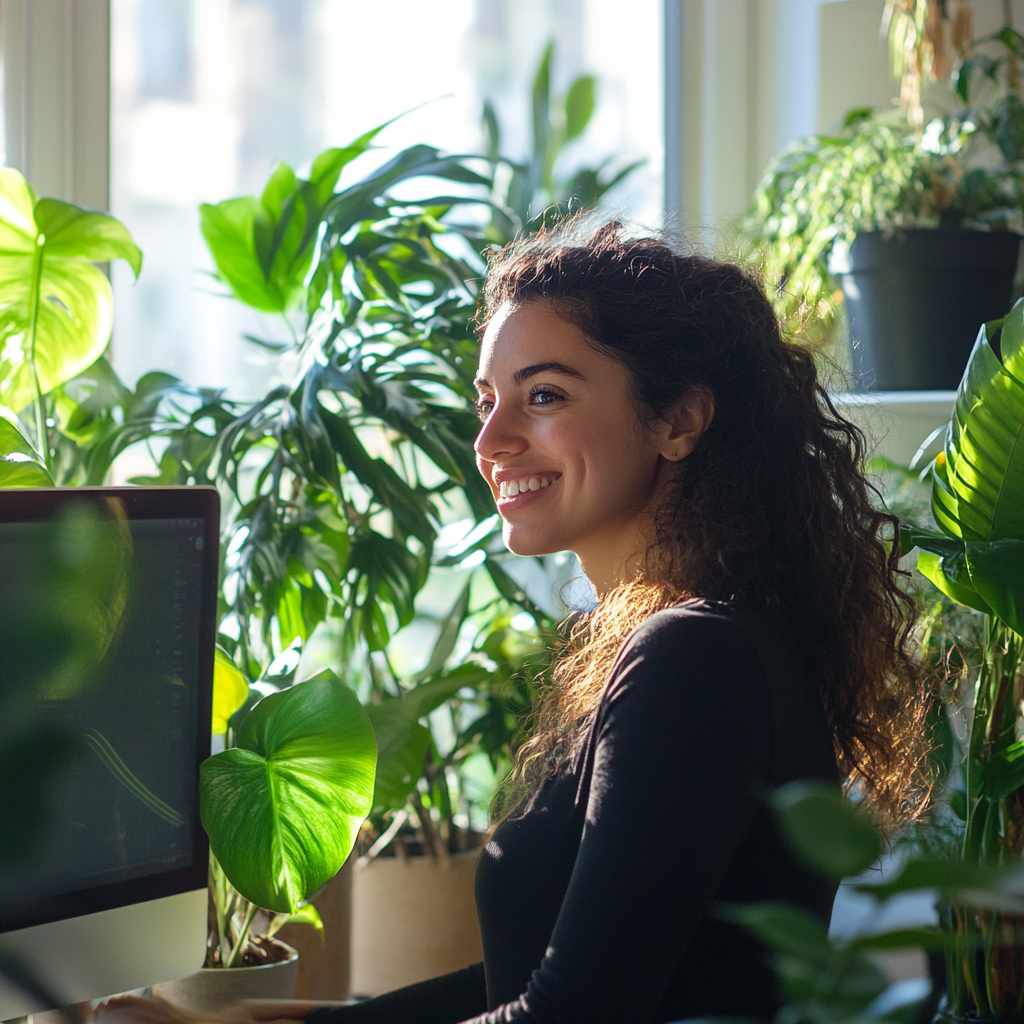 A woman excitedly looking at computer in sunny room