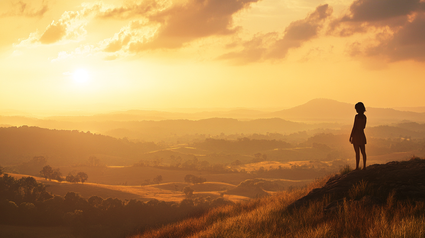 A woman gazes into distance with sunrise in landscape.