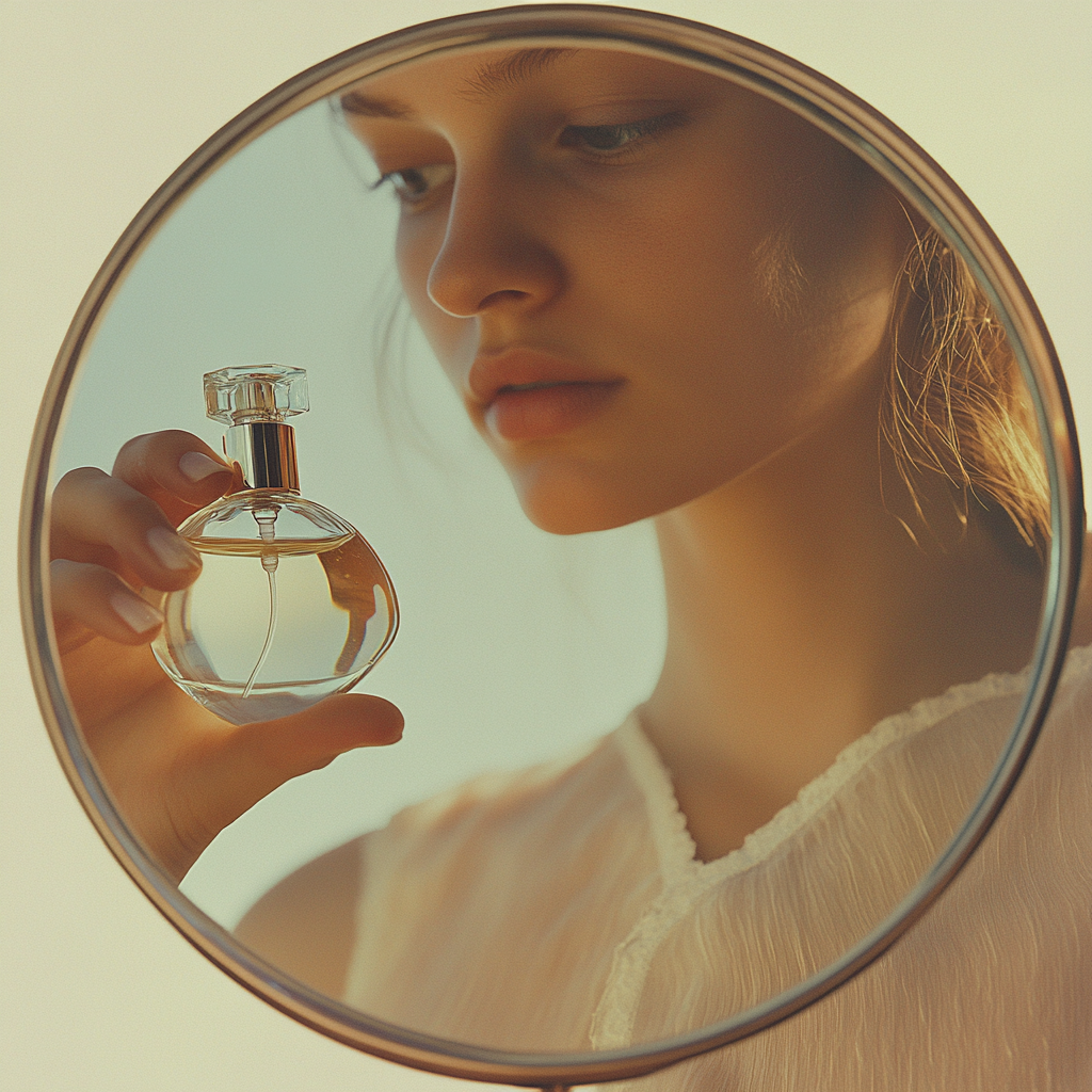 A woman holding a perfume bottle in mirror.