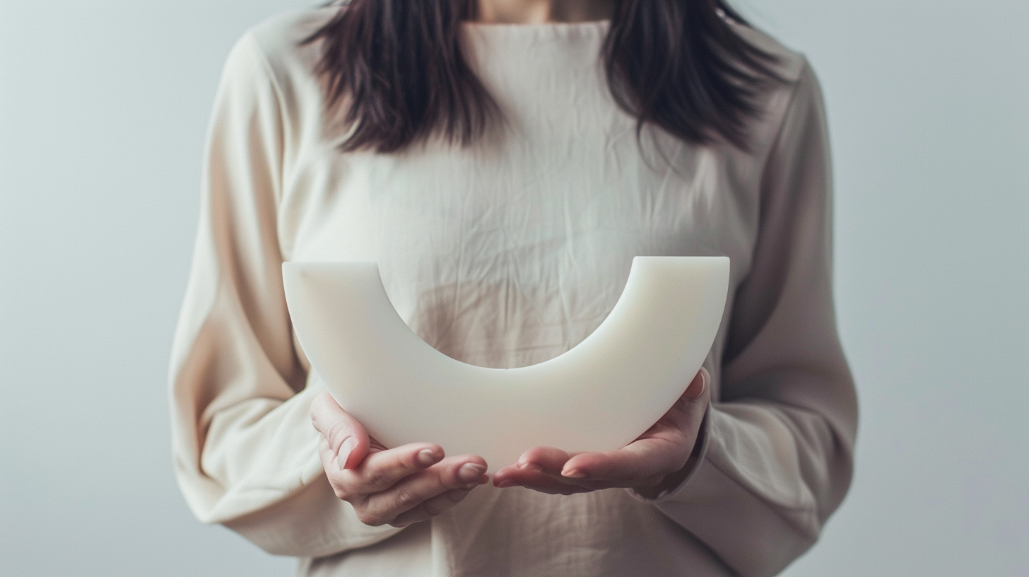 A woman holds 23cm half circle device 