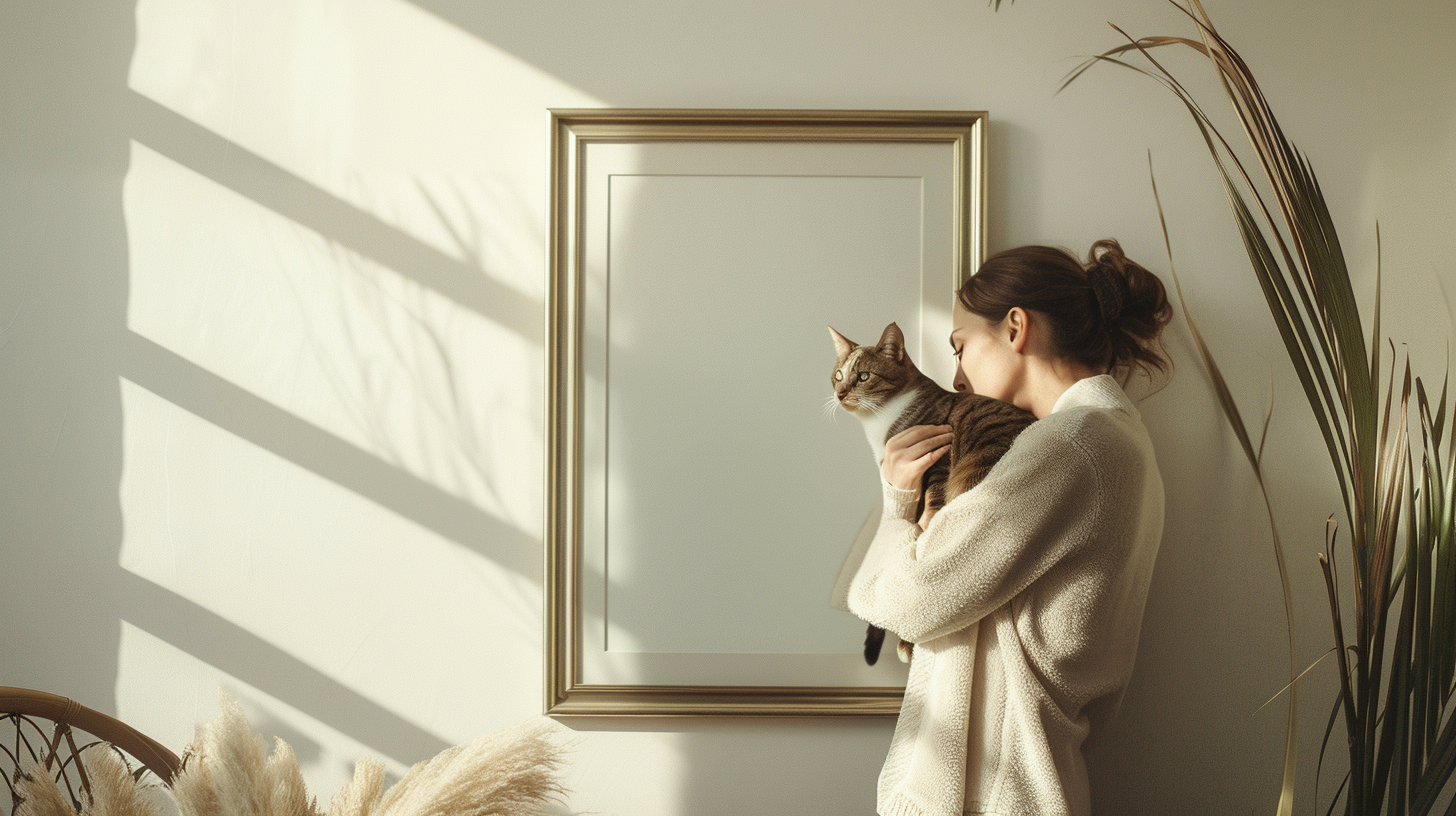 A woman holds a cat by a blank frame.