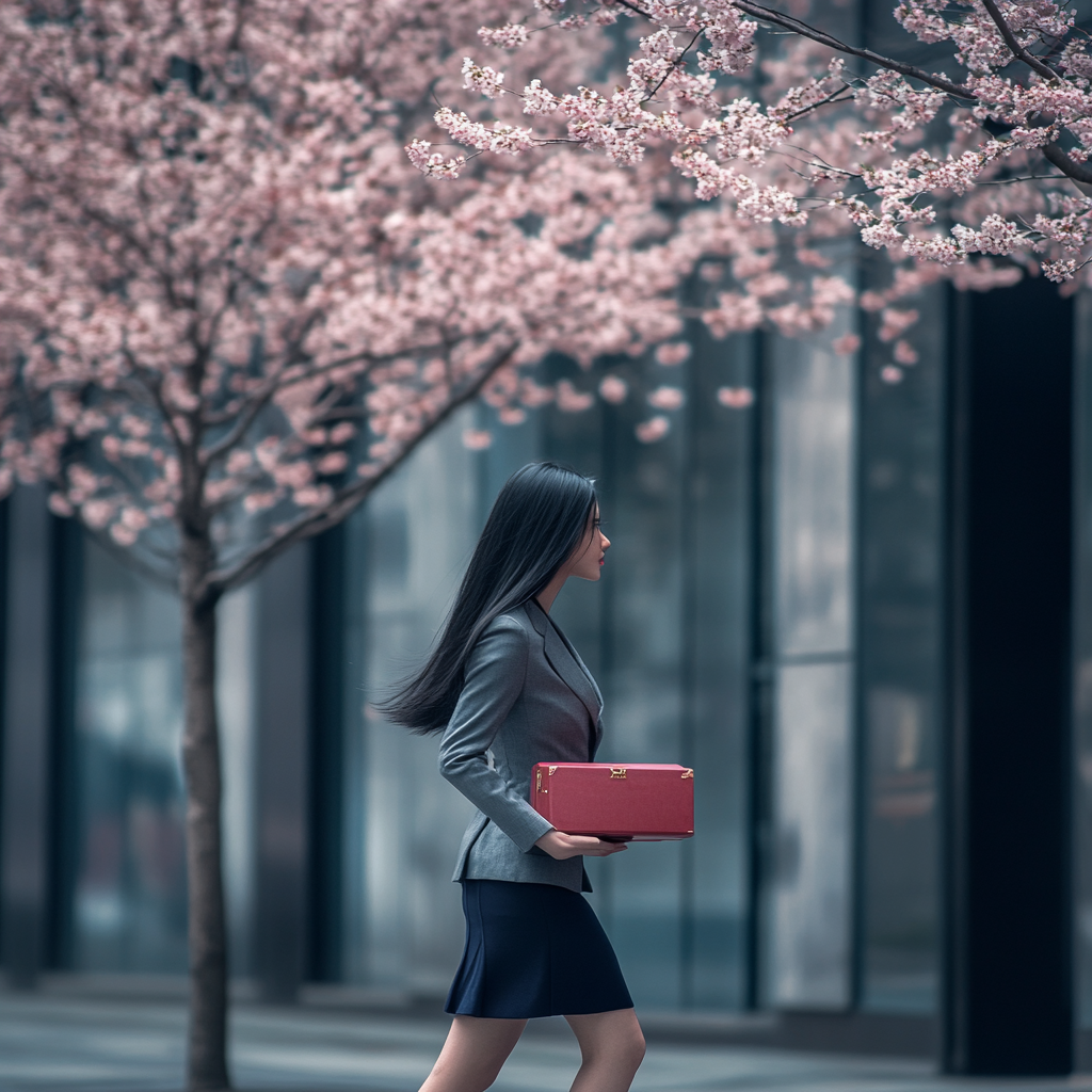 A woman in a business district with cherry blossoms.