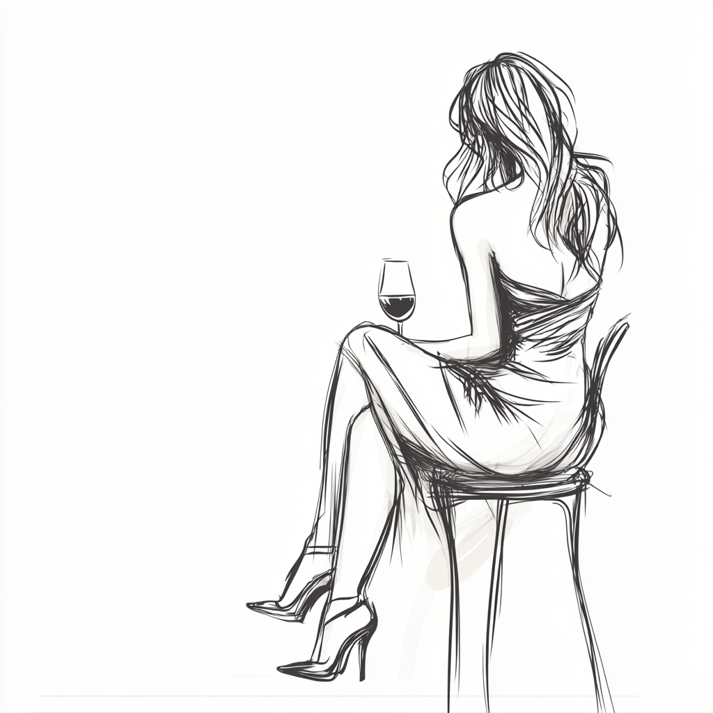 A woman in a dress talking, holding wine.