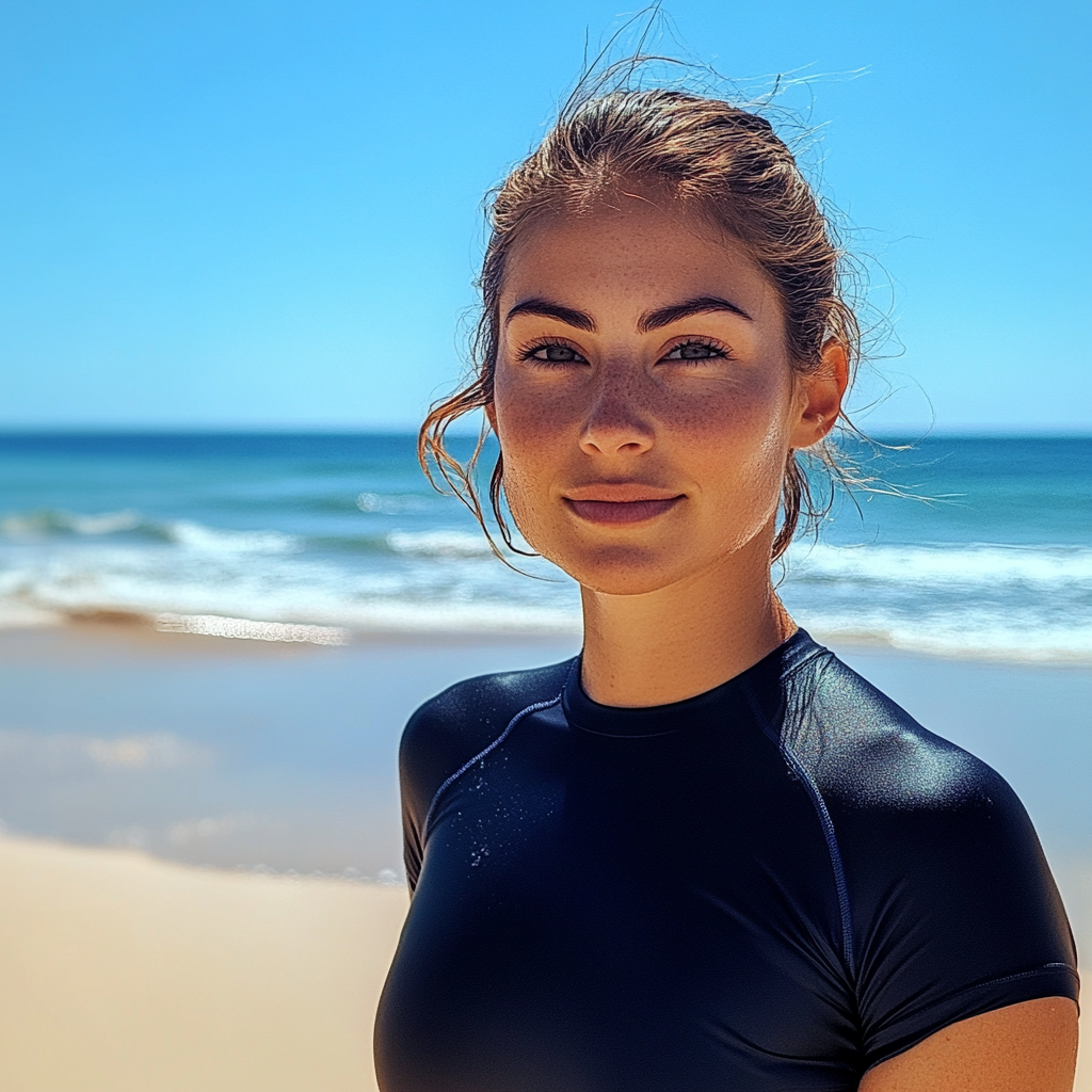 A woman in black shirt on sunny beach