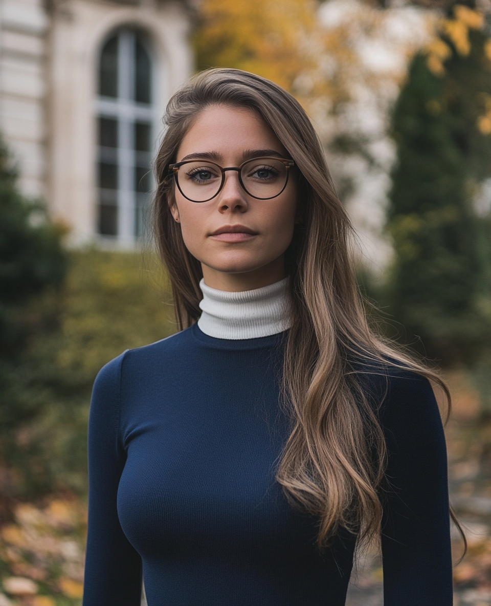 A woman in blue dress with glasses in garden