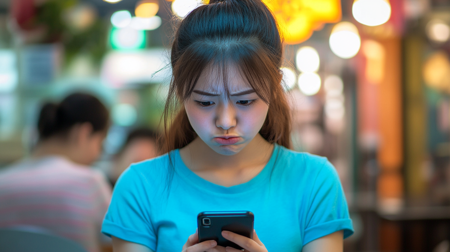 A woman in blue shirt makes funny face