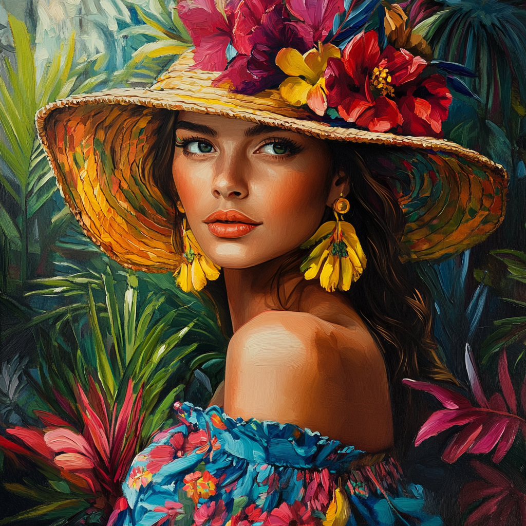 A woman in colorful dress and hat painting.