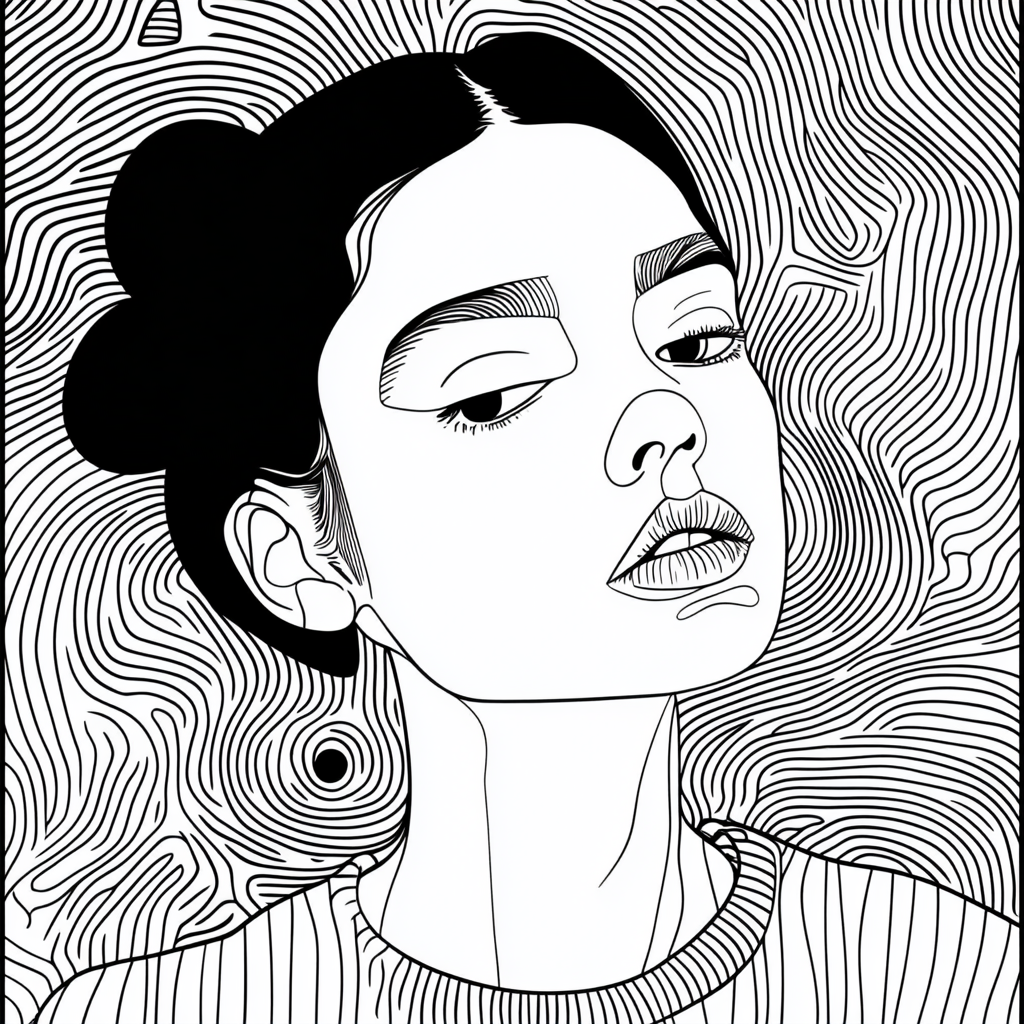 A woman in coloring book style with trippy background