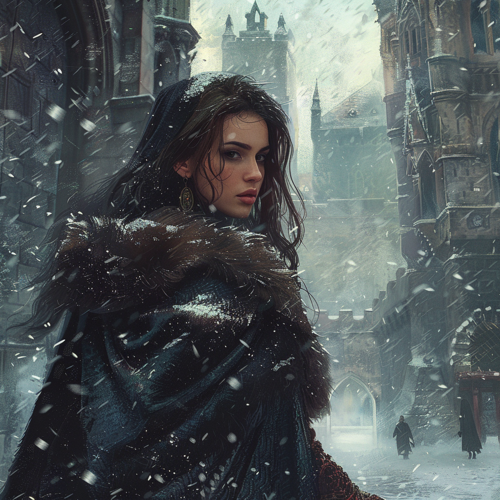 A woman in fur cloak stands in snowy castle