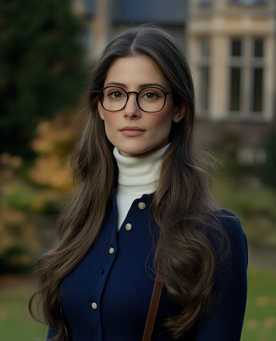 A woman in glasses in a garden at dusk