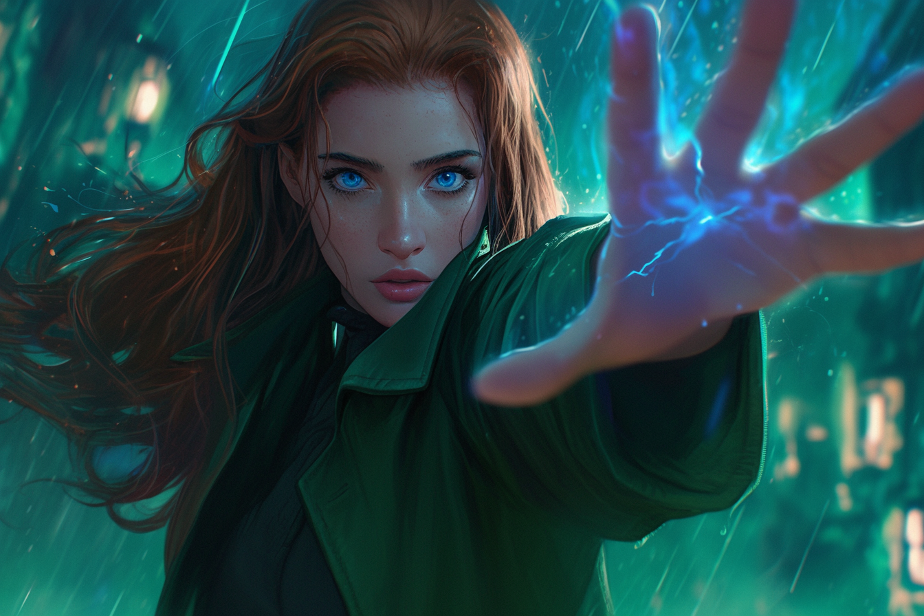 A woman in green coat in storm town art.