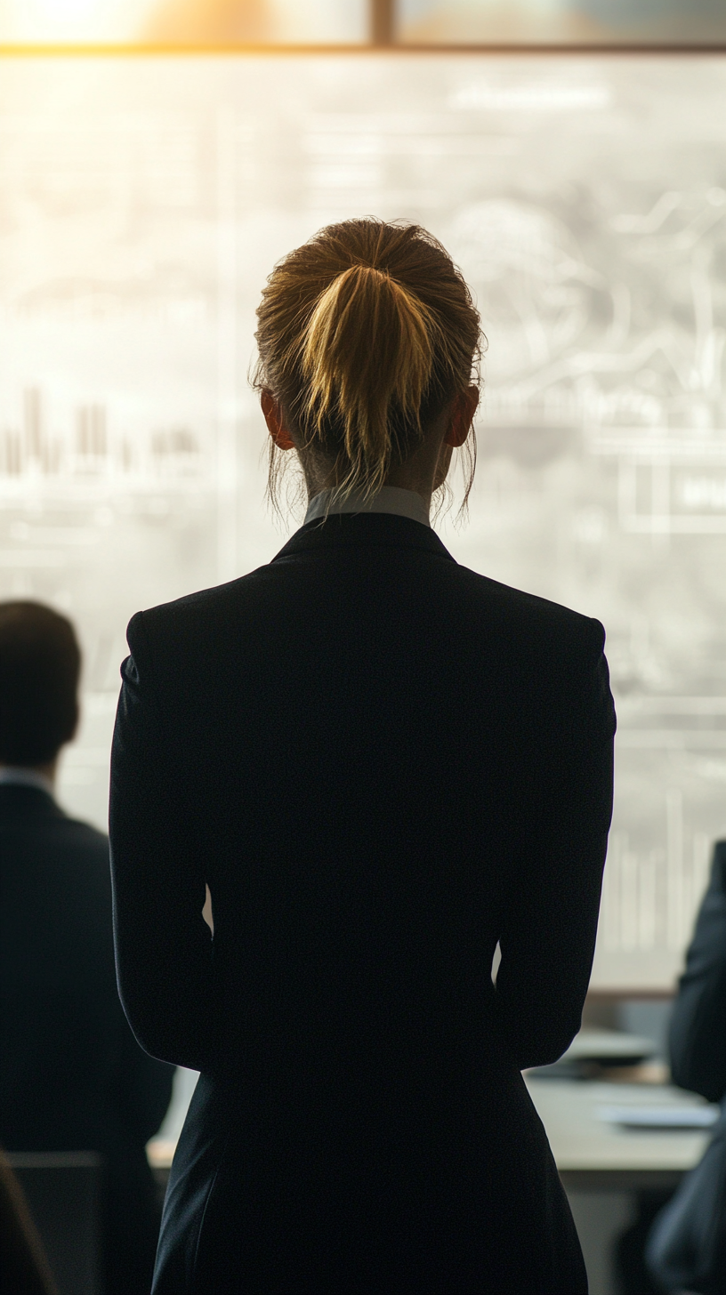 A woman in power suit presenting business strategy